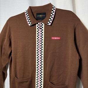 Teddy Fresh Size XS Brown Checkerboard Full Zip Knit Cardigan Women's Retro